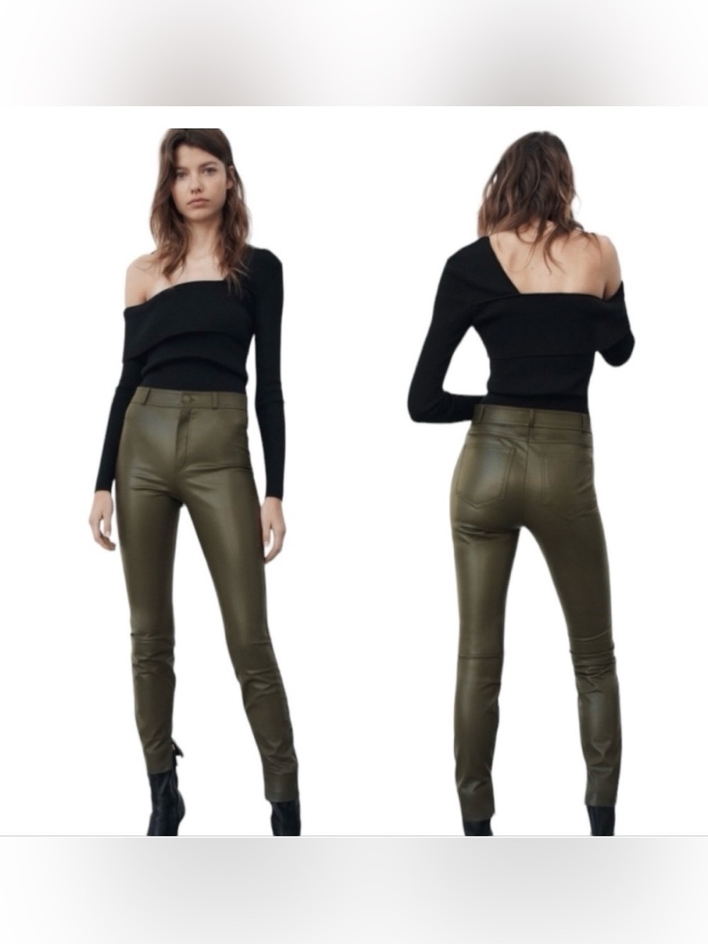 ZARA‎ Faux Leather Moto Leggings Olive Green Pants Size M